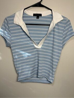 Faded Rose Light Blue Striped Polo Crop Top